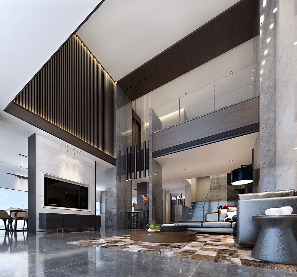 黑白灰现代简约风格室内装修效果图-南京天湖郦都别墅420平米